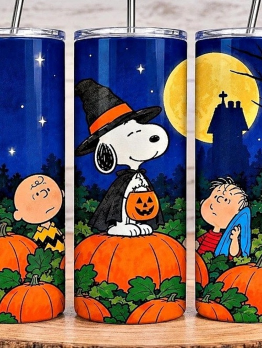 Peanuts Snoopy Great Pumpkin Halloween Stainless Steel Tumbler Blue & Orange - Picture 2 of 4